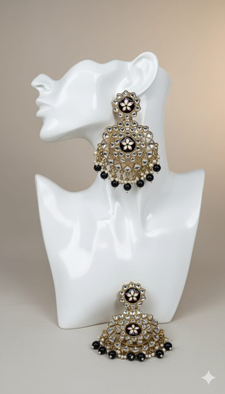 Royal Black Kundan Chandelier Earrings