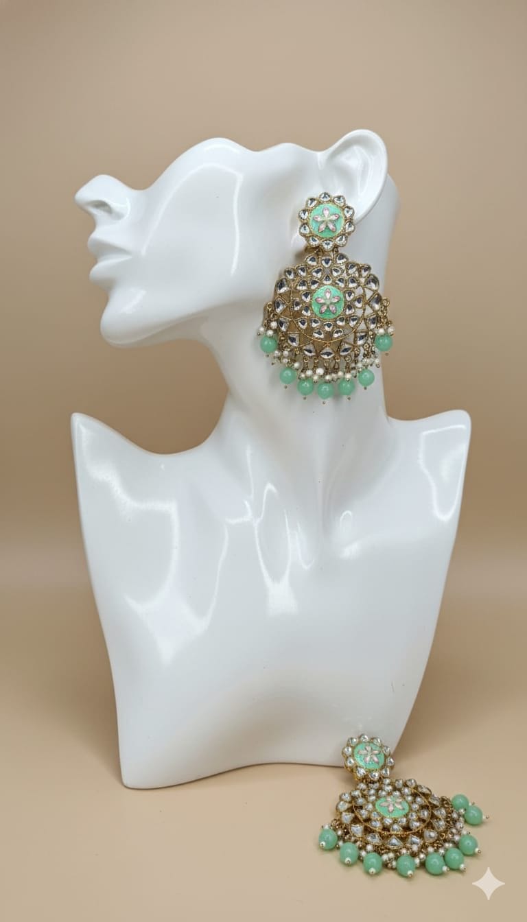 Mint Green Kundan Chandelier Earrings