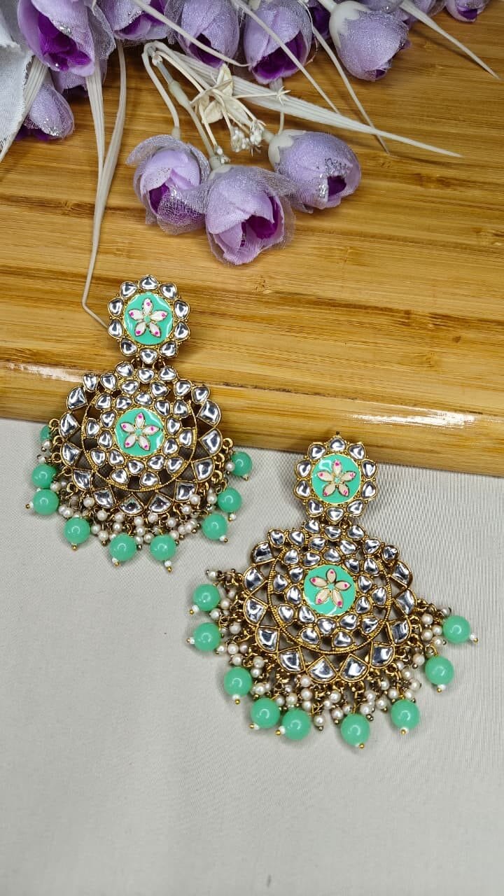 Mint Green Kundan Chandelier Earrings - Image 6