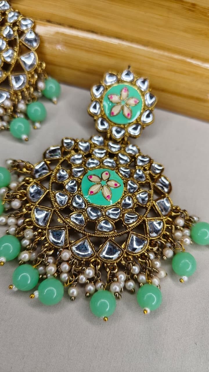 Mint Green Kundan Chandelier Earrings - Image 5