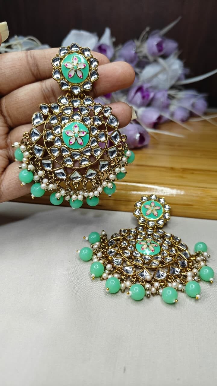 Mint Green Kundan Chandelier Earrings - Image 3