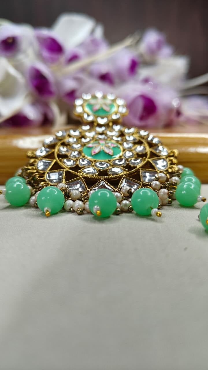 Mint Green Kundan Chandelier Earrings - Image 4
