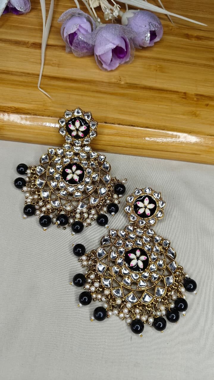 Royal Black Kundan Chandelier Earrings - Image 6