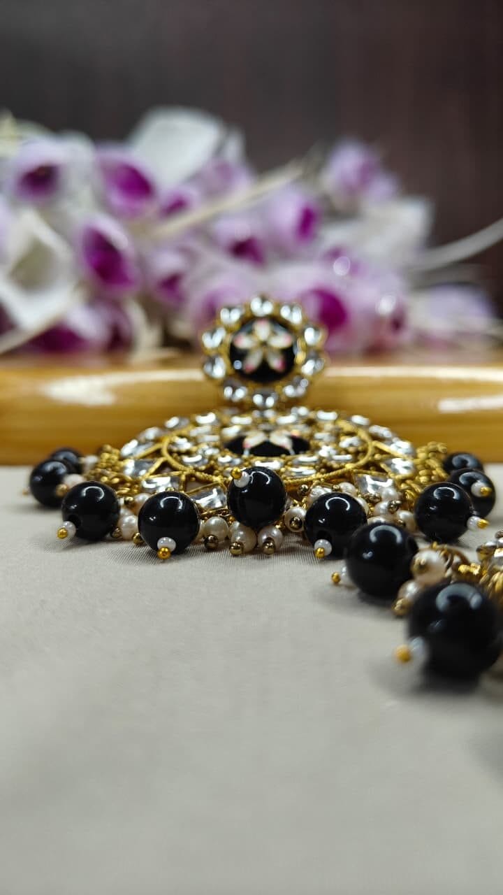 Royal Black Kundan Chandelier Earrings - Image 4