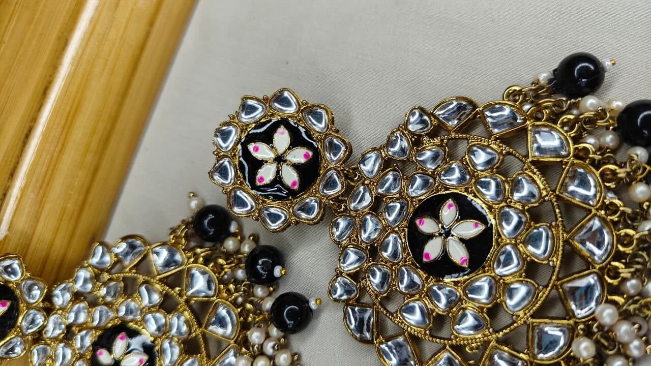 Royal Black Kundan Chandelier Earrings - Image 5
