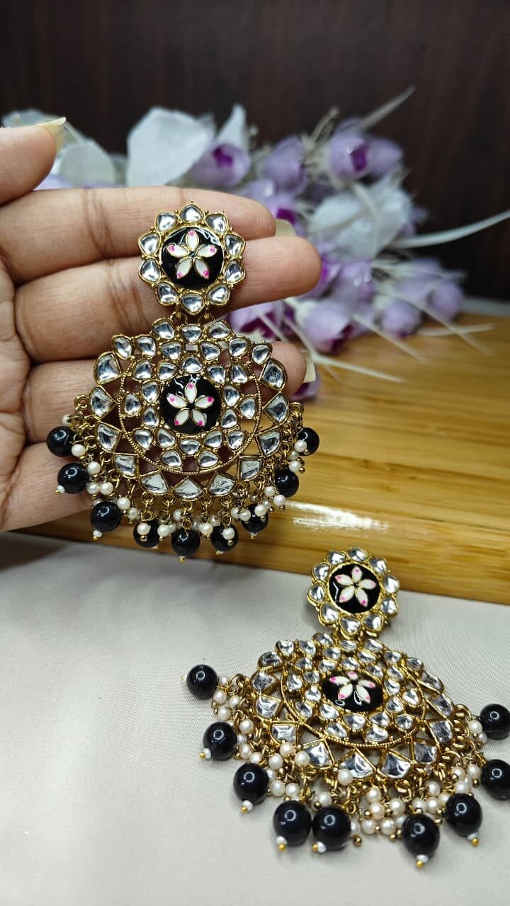 Royal Black Kundan Chandelier Earrings - Image 3