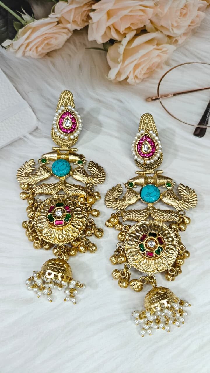 Turquoise Peacock Jhumka Earrings - Image 2