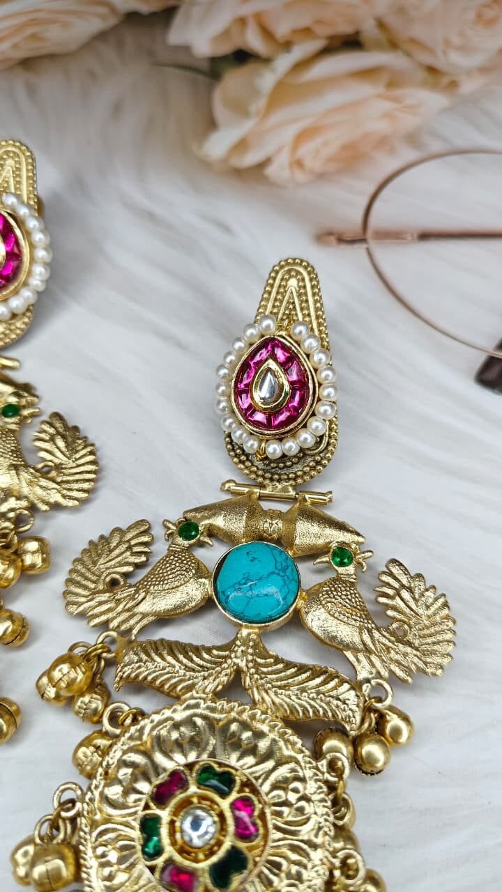 Turquoise Peacock Jhumka Earrings - Image 4