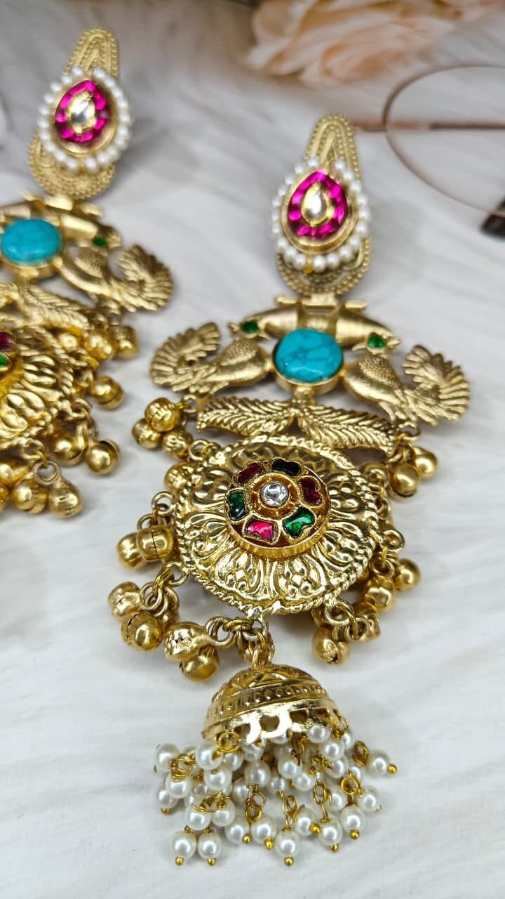 Turquoise Peacock Jhumka Earrings - Image 5