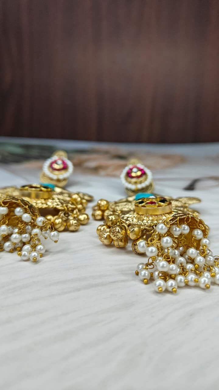 Turquoise Peacock Jhumka Earrings - Image 3